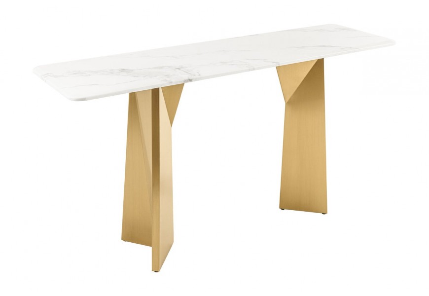Designový art deco obdélníkový konzolový stolek Hejdy s vrchní deskou z bílého mramoru s šedou kresbou a dvěma nohama z kovu ve zlaté barvě s atypickým geometrickým tvarem