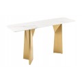 Designový art deco obdélníkový konzolový stolek Hejdy s vrchní deskou z bílého mramoru s šedou kresbou a dvěma nohama z kovu ve zlaté barvě s atypickým geometrickým tvarem