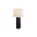 Designová glamour černobílá lampa Draconia s válcovitou nohou s geometrickým obdélníkovým reliéfem připomínajícím šupiny a hladkým kulatým stínítkem z textilu v bílé barvě s kovovými detaily a konstrukcí ve zlaté barvě