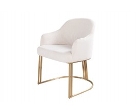 Designové glamour béžové čalouněné jídelní křeslo Hejdy s potahem z kordové textilie s kovovou podstavou ve zlaté barvě se třemi nohama a polobloukovou spojicí