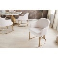 Designová art deco jídelní židle Hejdy s opěrkami na ruce s manšestrovým béžovým potahem a zlatou podstavou 81 cm