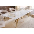 Designový glamour obdélníkový jídelní stůl Arturo s bílou mramorovou deskou a zlatou asymetrickou podstavou 200 cm