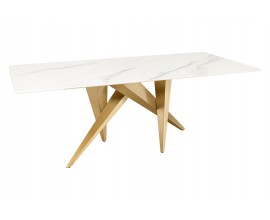 Designový glamour obdélníkový jídelní stůl Arturo s bílou mramorovou deskou a zlatou asymetrickou podstavou 200 cm