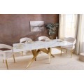 Designový glamour obdélníkový jídelní stůl Arturo s bílou mramorovou deskou a zlatou asymetrickou podstavou 200 cm