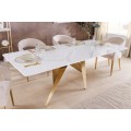 Designový glamour obdélníkový jídelní stůl Arturo s bílou mramorovou deskou a zlatou asymetrickou podstavou 200 cm