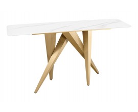 Designový art deco konzolový stolek Arturo s bílou deskou z mramoru a atypickou geometrickou zlatou podstavou 140 cm