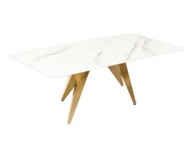 Glamour mramorový obdélníkový konferenční stolek Arturo s bílou deskou a designovou zlatou geometrickou podstavou 130 cm