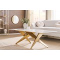 Glamour mramorový obdélníkový konferenční stolek Arturo s bílou deskou a designovou zlatou geometrickou podstavou 130 cm