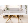 Glamour mramorový obdélníkový konferenční stolek Arturo s bílou deskou a designovou zlatou geometrickou podstavou 130 cm