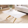 Glamour mramorový obdélníkový konferenční stolek Arturo s bílou deskou a designovou zlatou geometrickou podstavou 130 cm