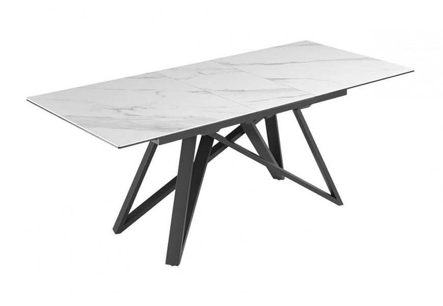 Luxusní jídelní stůl Marbleux s rozkládací funkcí s vrchní deskou z mramoru v bílé barvě s šedými žilkami s nožičkami z kovu v černé barvě