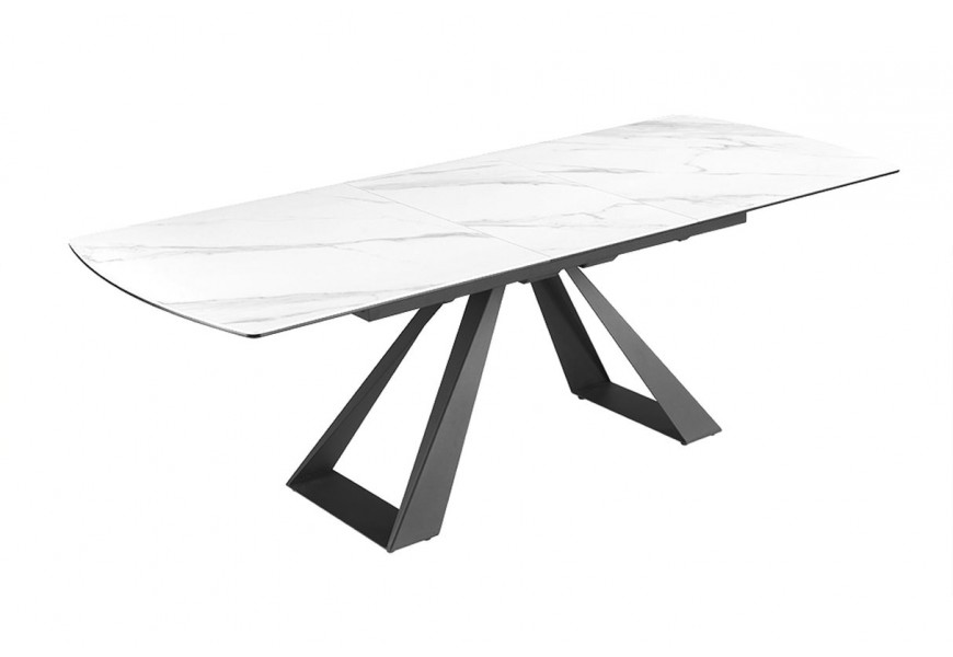 Luxusní rozkládací industriální mramorový bílý jídelní stůl Marbleux s černými kovovými nohami a oblými rohy 230 cm