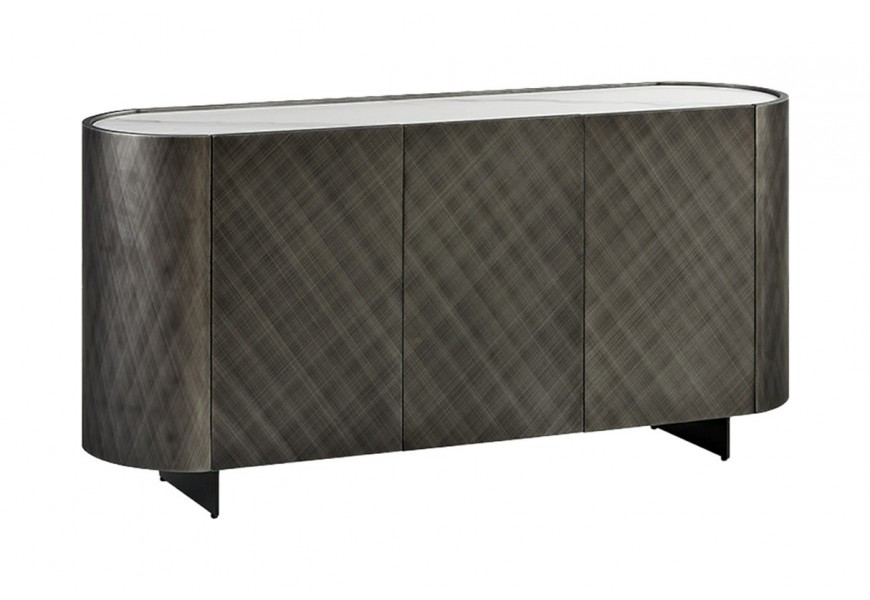Luxusní oválný art deco antracitový šedý třídveřový příborník Monac s vrchní bílou mramorovou deskou 150 cm