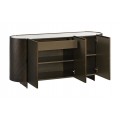 Luxusní art deco oválný hnědý třídveřový příborník Monac s bílou mramorovou vrchní deskou a kosoštvorcovým vzorem 150 cm