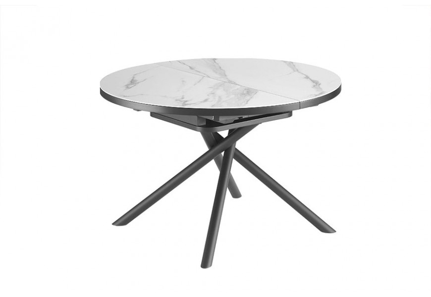 Luxusní jídelní stůl Marbleux v kulatém tvaru s vrchní keramickou rozkládací deskou s mramorovým designem s překříženými nožičkami v černé barvě z kovu