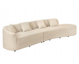 Designová moderní sedačka Jina oválného tvaru s bouclé potahem v krémové béžové barvě a čtyřmi polštáři 340 cm