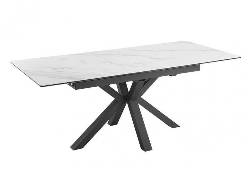 Industriální mramorový obdélníkový jídelní stůl Marbleux s rozkládací vrchní deskou v bílé barvě s šedým žilkováním a designovou podstavou z kovu v černé barvě ve tvaru hvězdy