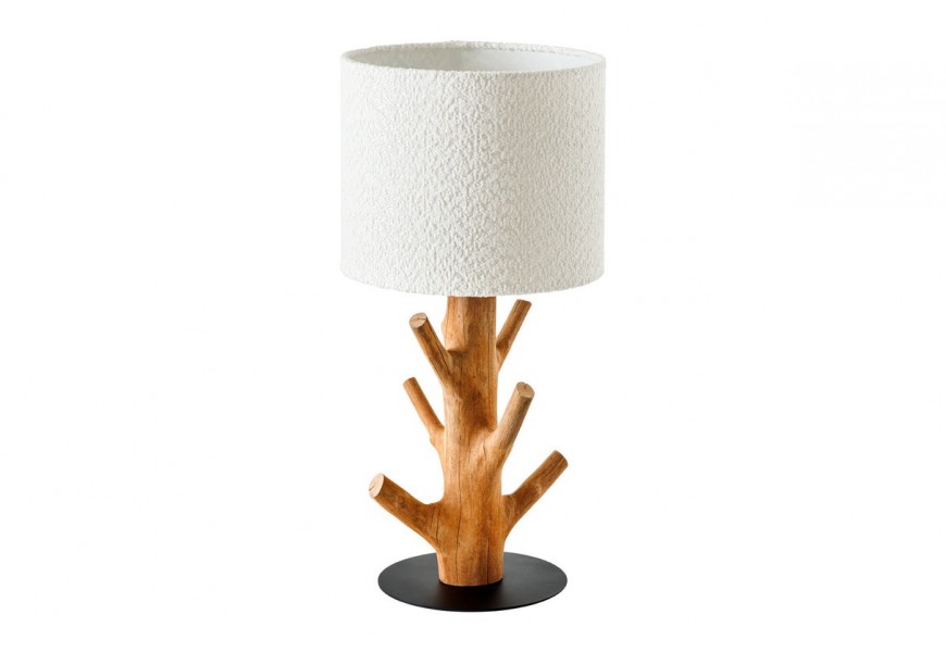 Designová masivní noční lampa Garcinia s naturální nohou z masivního mangostánového dřeva v teplé medové hnědé barvě s výběžky větví s bílým kulatým stínítkem z bouclé látky
