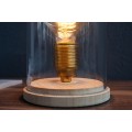 Designová retro stolní lampa Edison s hnědou dřevěnou podstavou a průhledným skleněným stínítkem 22 cm