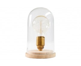 Designová retro stolní lampa Edison s hnědou dřevěnou podstavou a průhledným skleněným stínítkem 22 cm