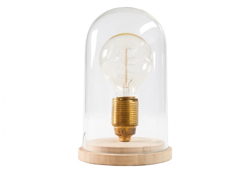 Designová skleněná noční lampa Edison s kulatou podstavou z hnědého masivního dřeva se zlatou kovovou konstrukcí a průhledným stínítkem ve tvaru skleněného zvonu