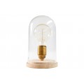 Designová skleněná noční lampa Edison s kulatou podstavou z hnědého masivního dřeva se zlatou kovovou konstrukcí a průhledným stínítkem ve tvaru skleněného zvonu