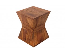 Moderní designová naturální čtvercová hnědá taburetka Pyramid ze sheeshamového dřeva se zúženou střední částí 45 cm