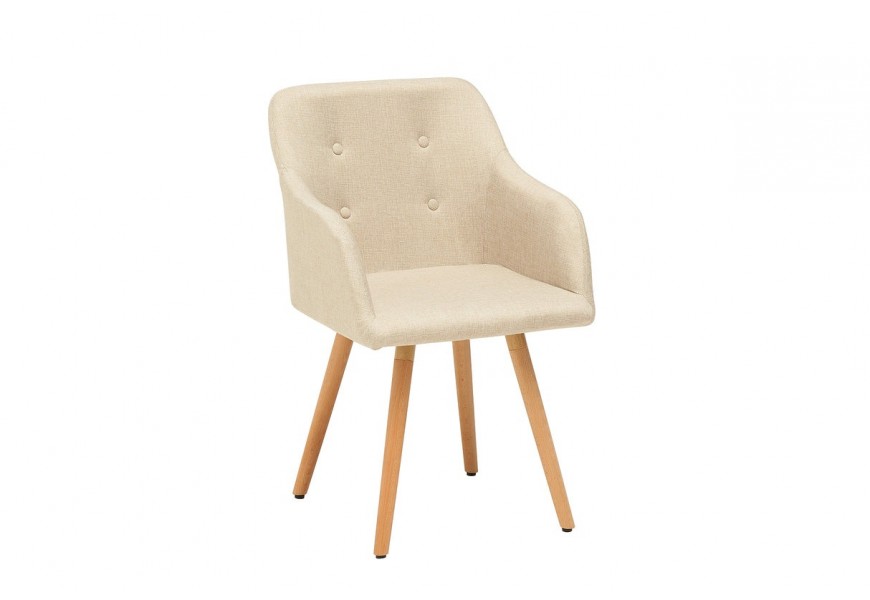 Designové retro jídelní křeslo Scandinavia s krémovým béžovým textilním potahem s výrazným tkaním a kulatými dekoračními knoflíky na zádové opěrce s masivními hnědým dřevěnýma nohama
