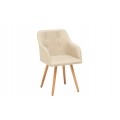Designové retro jídelní křeslo Scandinavia s krémovým béžovým textilním potahem s výrazným tkaním a kulatými dekoračními knoflíky na zádové opěrce s masivními hnědým dřevěnýma nohama