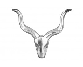 Designová moderní kovová nástěnná dekorace Gazelle ve stříbrné barvě s motivem lebky s rohy 55 cm
