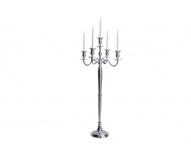 Klasický zámecký vysoký stříbrný kovový 5 ramenný svícen Modern barock s lesklým povrchem 120 cm