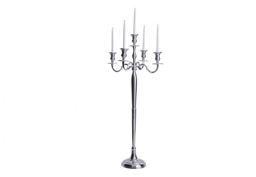 Klasický zámecký vysoký stříbrný kovový 5 ramenný svícen Modern barock s lesklým povrchem 120 cm