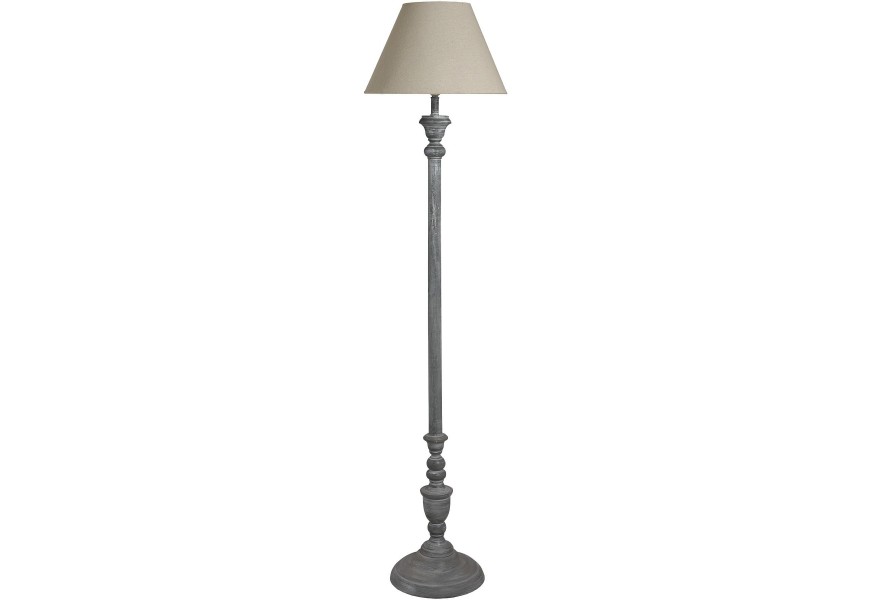 Štýlová vintage sivá vysoká stojaca lampa Ithaka s kužeľovým ľanovým krémovým tienidlom 155 cm