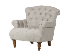 Vintage venkovské křeslo Lavenham se lněným šedým potahem s knoflíkovým prošíváním a vyřezávanými lesklými nožičkami 90 cm