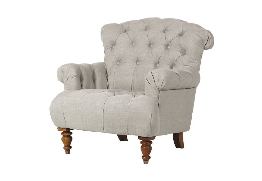 Vintage venkovské křeslo Lavenham se lněným šedým potahem s knoflíkovým prošíváním a vyřezávanými lesklými nožičkami 90 cm
