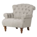 Vintage venkovské křeslo Lavenham se lněným šedým potahem s knoflíkovým prošíváním a vyřezávanými lesklými nožičkami 90 cm