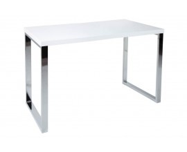 Moderní psací stůl Linear s bílou lesklou deskou a hranatým kovovým nohama ve stříbrné chromové úpravě 120 cm