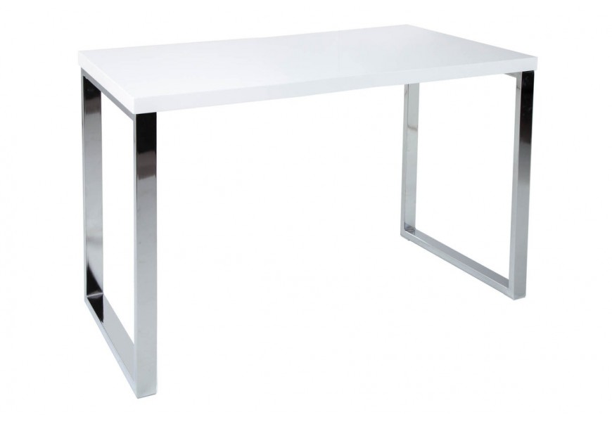 Moderní lesklý psací stůl Linear s bílou obdélníkovou deskou a geometrickými kovovými nohami v chromové stříbrné barvě
