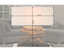 Stylová etno stolní lampa Duna s masivní hnědou dřevěnou základnou a béžovým oválným lněným stínítkem 55 cm