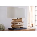 Stylová etno stolní lampa Duna s masivní hnědou dřevěnou základnou a béžovým oválným lněným stínítkem 55 cm