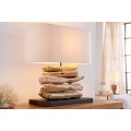 Stylová etno stolní lampa Duna s masivní hnědou dřevěnou základnou a béžovým oválným lněným stínítkem 55 cm