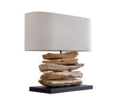 Stylová etno stolní lampa Duna s masivní hnědou dřevěnou základnou a béžovým oválným lněným stínítkem 55 cm