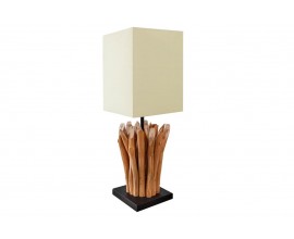 Etno čtvercová masivní stolní lampa Roots s krémovým lněným stínítkem a dekorativní nohou z dřevěných větví 55 cm