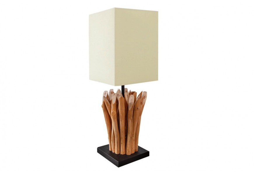 Etno designová stolní lampa Roots se čtvercovým lněným krémovým stínítkem a přírodní nohou z větví v hnědé barvě
