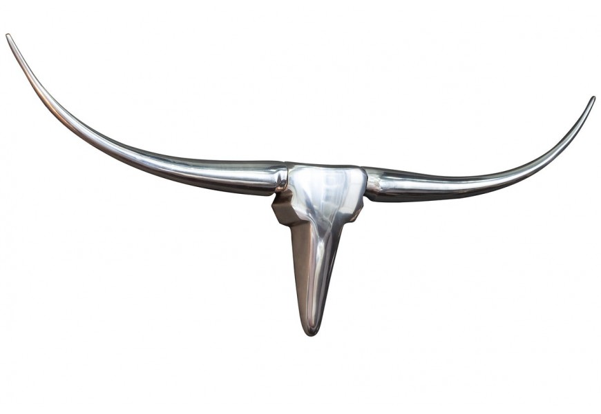 Glamour závěsná nástěnná dekorace Longhorn ve tvaru býčí lebky z lesklého chromového kovu ve stříbrné barvě 99 cm