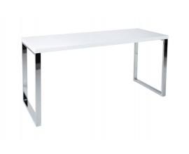 Moderní obdélníkový bílý psací stůl White Desk s lesklou deskou a hranatými stříbrnými kovovými chromovými nohami 140 cm