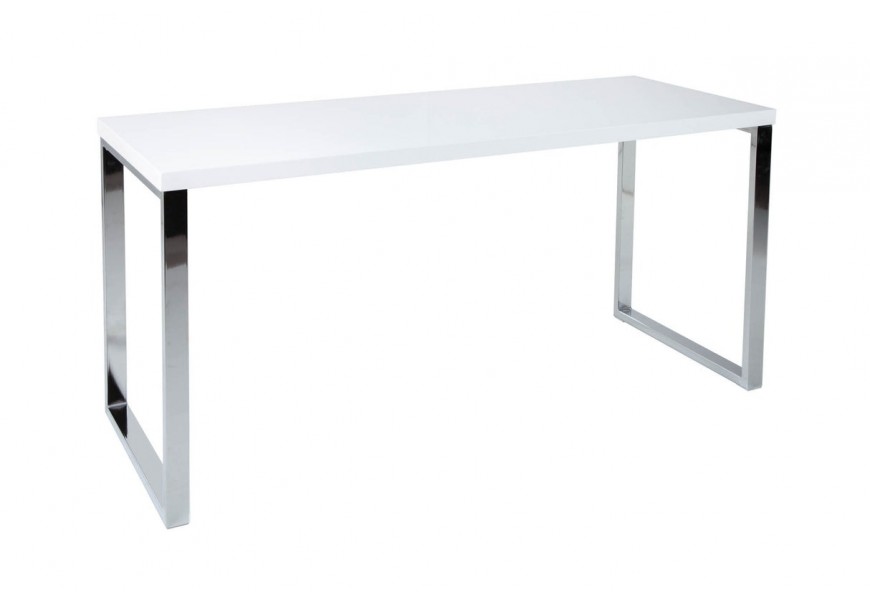 Moderní bílý lesklý psací stůl White Desk s obdélníkovou deskou a hranatými stříbrnými chromovými nohami z kovových hranolů