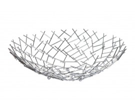 Moderní kulatá stříbrná kovová dekorační mísa Weave v atypickém designu kovové sítě 45 cm