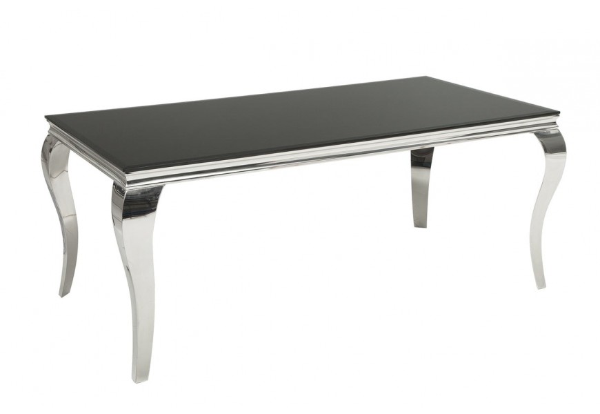 Glamour barokní designový jídelní stůl Modern Barock s kovovými kabriolovými nožičkami lesklou stříbrnou konstrukcí a černou skleněnou deskou