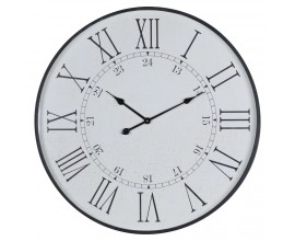 Vintage kulaté nástěnné hodiny Union Station s černým rámem a římskými čísly s jemnou patinou 80 cm